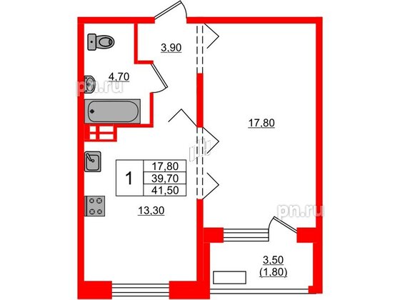 Квартира в ЖК Сибирь, 1 комнатная, 41.5 м², 3 этаж