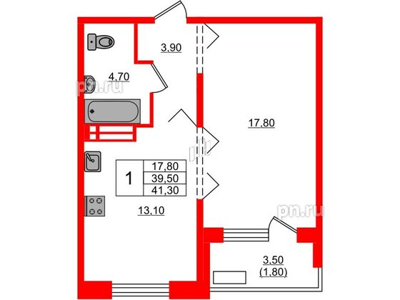 Квартира в ЖК Сибирь, 1 комнатная, 41.3 м², 10 этаж