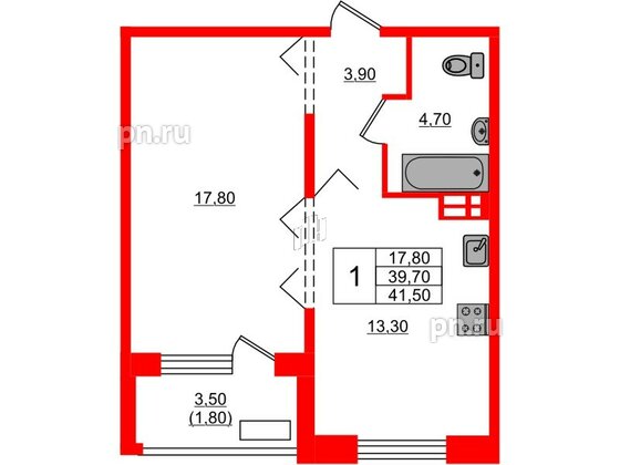 Квартира в ЖК Сибирь, 1 комнатная, 41.5 м², 2 этаж