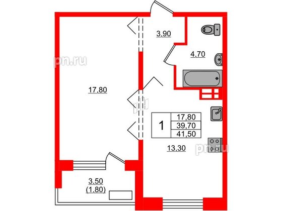 Квартира в ЖК Сибирь, 1 комнатная, 41.5 м², 7 этаж