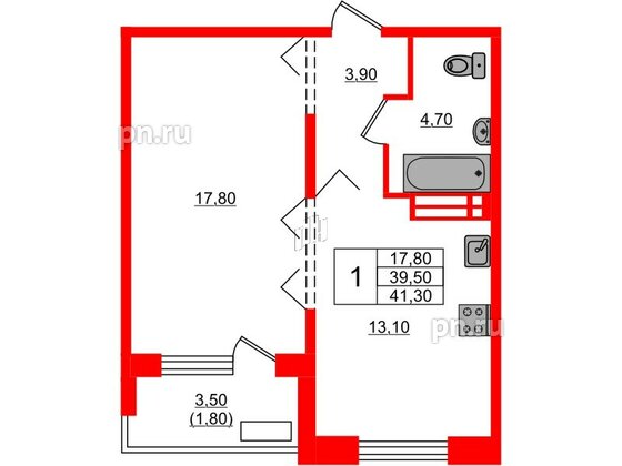 Квартира в ЖК Сибирь, 1 комнатная, 41.3 м², 11 этаж