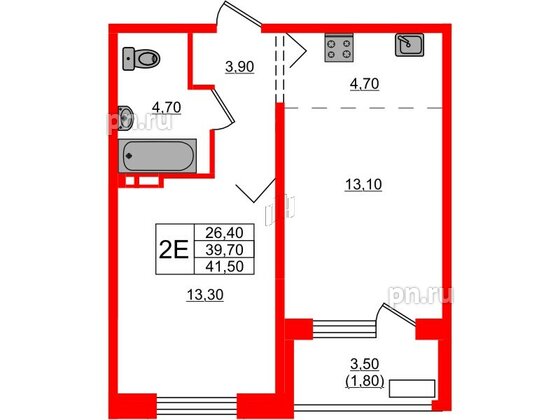 Квартира в ЖК Сибирь, 1 комнатная, 41.5 м², 1 этаж