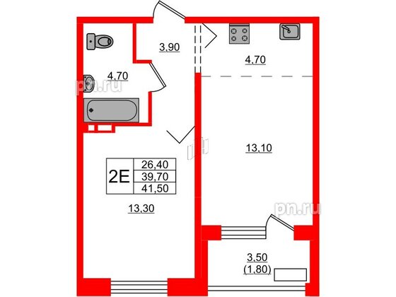 Квартира в ЖК Сибирь, 1 комнатная, 41.5 м², 2 этаж