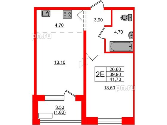 Квартира в ЖК Сибирь, 1 комнатная, 41.7 м², 2 этаж