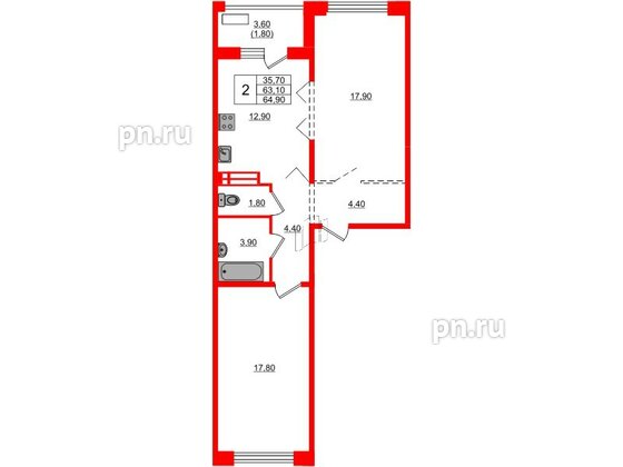 Квартира в ЖК Сибирь, 2 комнатная, 64.9 м², 9 этаж