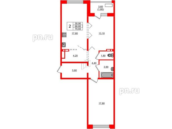 Квартира в ЖК Сибирь, 2 комнатная, 70.6 м², 1 этаж