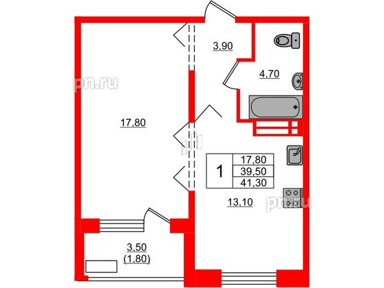 Квартира в ЖК Сибирь, 1 комнатная, 41.3 м², 9 этаж