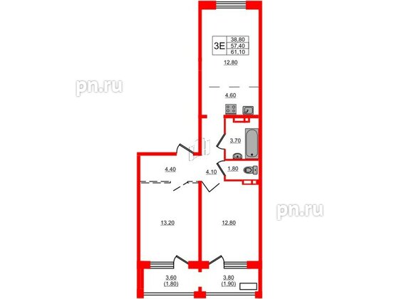 Квартира в ЖК Сибирь, 2 комнатная, 61.1 м², 2 этаж