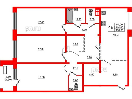 Квартира в ЖК Сибирь, 3 комнатная, 116.3 м², 1 этаж