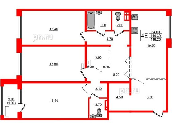 Квартира в ЖК Сибирь, 3 комнатная, 116.2 м², 2 этаж