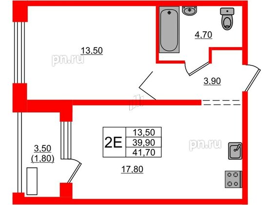 Квартира в ЖК Сибирь, 1 комнатная, 41.7 м², 1 этаж