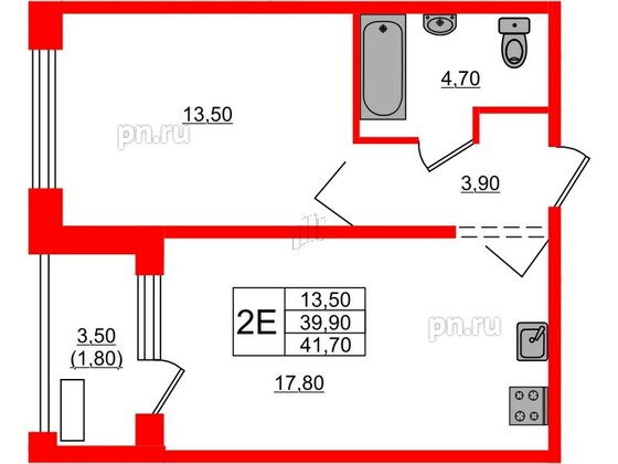 Квартира в ЖК Сибирь, 1 комнатная, 41.7 м², 2 этаж