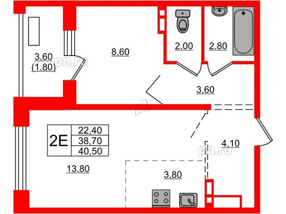 Квартира в ЖК Сибирь, 1 комнатная, 40.5 м², 2 этаж