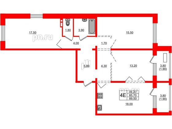 Квартира в ЖК Сибирь, 3 комнатная, 89.5 м², 2 этаж