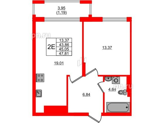 Квартира в ЖК «АЭРО», 1 комнатная, 45.05 м², 1 этаж