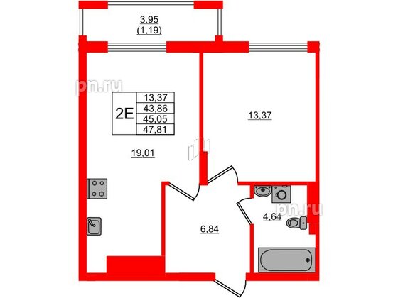 Квартира в ЖК «АЭРО», 1 комнатная, 45.05 м², 6 этаж