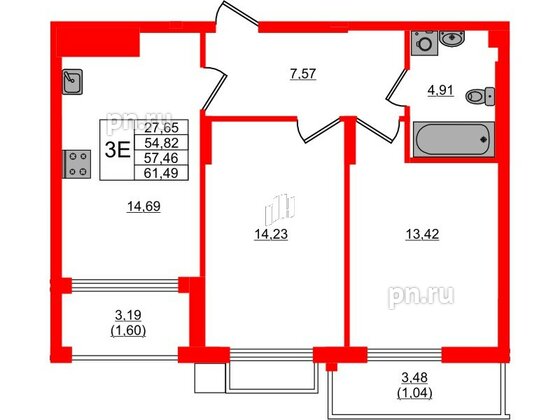 Квартира в ЖК «АЭРО», 2 комнатная, 57.46 м², 7 этаж