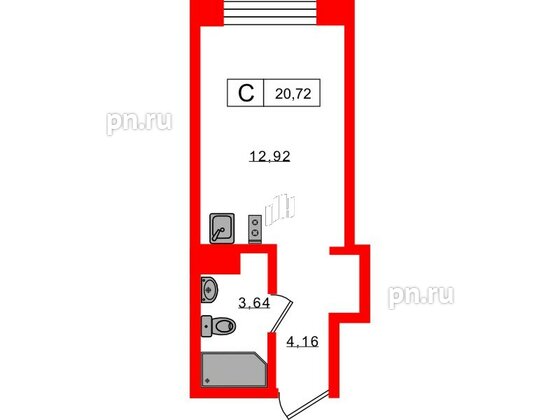 Апартаменты в ЖК 17/33 Петровский Остров, 1 комнатные, 20.72 м², 4 этаж