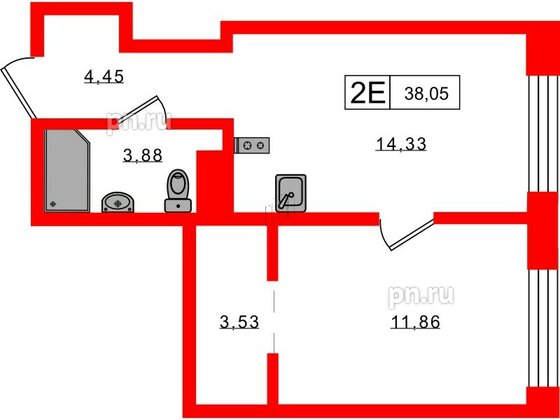 Апартаменты в ЖК 17/33 Петровский Остров, 1 комнатные, 38.05 м², 5 этаж