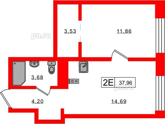 Апартаменты в ЖК 17/33 Петровский Остров, 1 комнатные, 37.96 м², 2 этаж