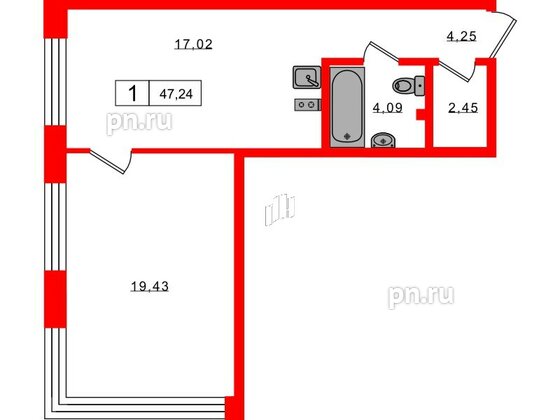 Апартаменты в ЖК 17/33 Петровский Остров, 1 комнатные, 47.24 м², 2 этаж