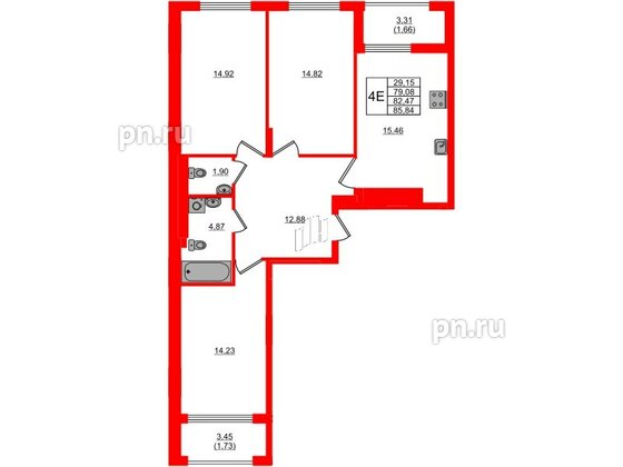 Квартира в ЖК «АЭРО», 3 комнатная, 82.47 м², 2 этаж