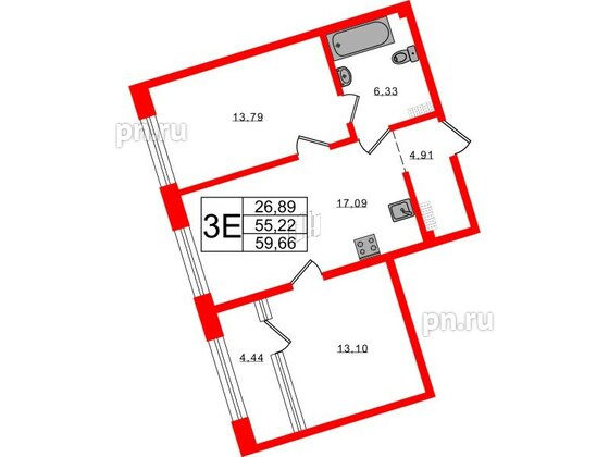 Апартаменты в ЖК 17/33 Петровский Остров, 2 комнатные, 61.56 м², 7 этаж