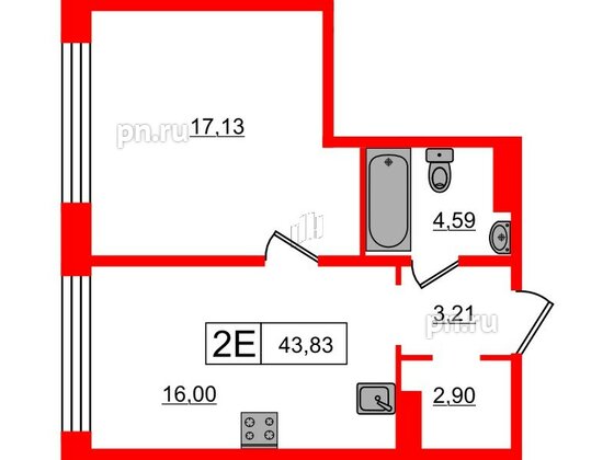 Апартаменты в ЖК 17/33 Петровский Остров, 1 комнатные, 43.83 м², 5 этаж