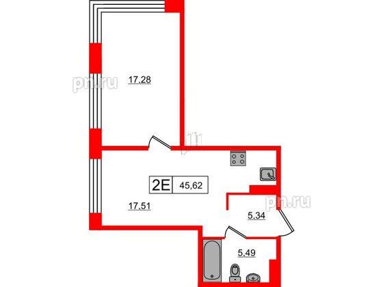 Апартаменты в ЖК 17/33 Петровский Остров, 1 комнатные, 45.62 м², 5 этаж