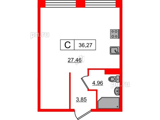 Апартаменты в ЖК 17/33 Петровский Остров, студия, 36.27 м², 5 этаж