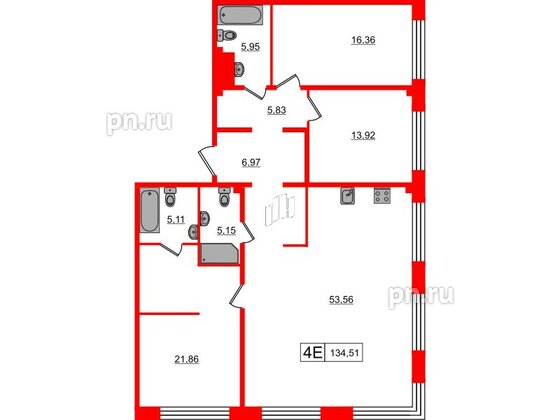 Апартаменты в ЖК 17/33 Петровский Остров, 3 комнатные, 134.51 м², 2 этаж