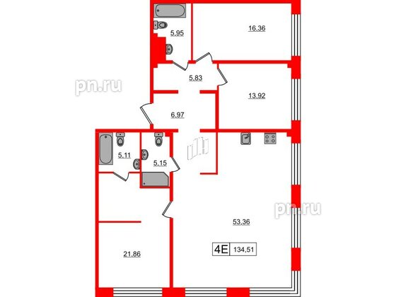 Апартаменты в ЖК 17/33 Петровский Остров, 3 комнатные, 134.51 м², 4 этаж