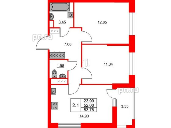 Квартира в ЖК «Город звёзд», 2 комнатная, 52 м², 2 этаж