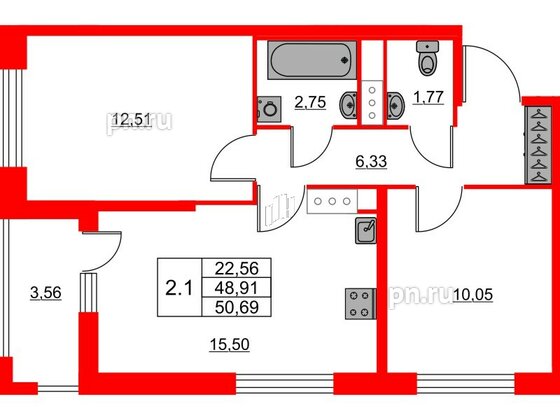 Квартира в ЖК «Город звёзд», 2 комнатная, 48.91 м², 14 этаж