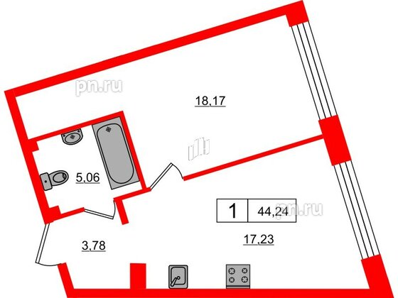 Апартаменты в ЖК 17/33 Петровский Остров, 1 комнатные, 44.24 м², 2 этаж