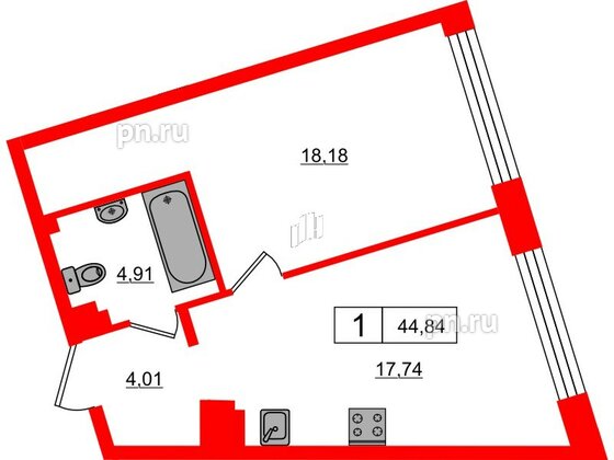 Апартаменты в ЖК 17/33 Петровский Остров, 1 комнатные, 44.84 м², 6 этаж