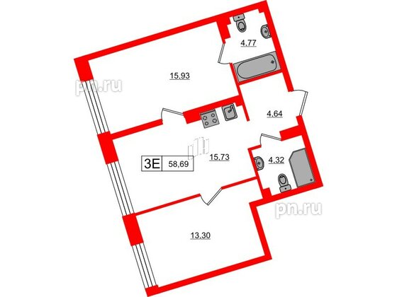 Апартаменты в ЖК 17/33 Петровский Остров, 2 комнатные, 58.69 м², 6 этаж