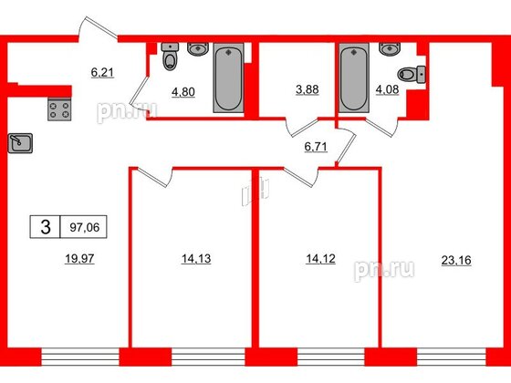 Апартаменты в ЖК 17/33 Петровский Остров, 3 комнатные, 97.06 м², 8 этаж