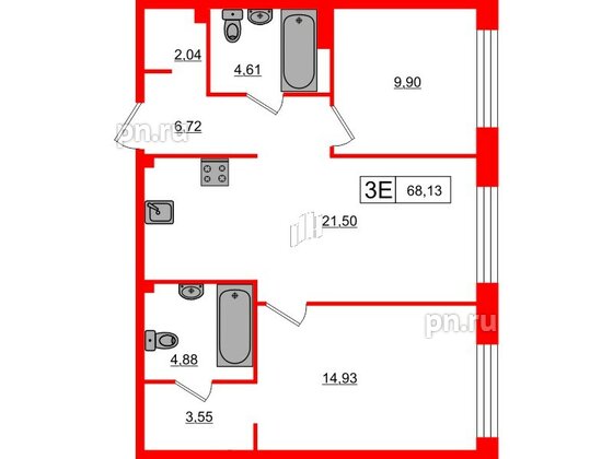 Апартаменты в ЖК 17/33 Петровский Остров, 2 комнатные, 68.13 м², 6 этаж