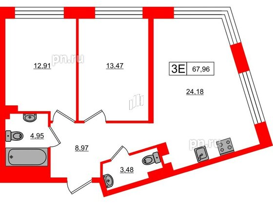 Апартаменты в ЖК 17/33 Петровский Остров, 2 комнатные, 67.96 м², 2 этаж