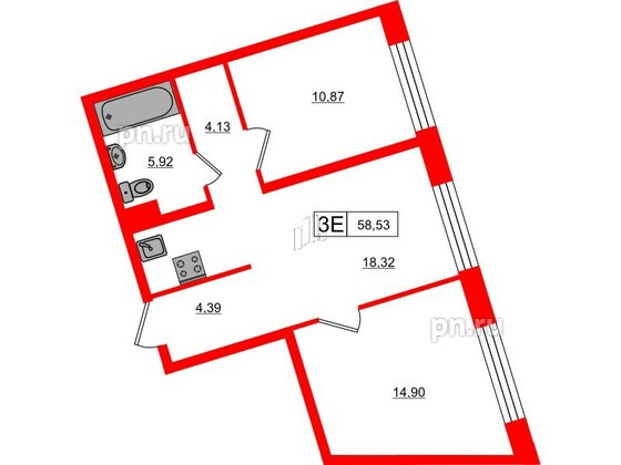 Апартаменты в ЖК 17/33 Петровский Остров, 2 комнатные, 58.53 м², 5 этаж