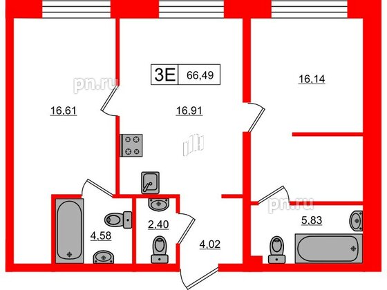 Апартаменты в ЖК 17/33 Петровский Остров, 2 комнатные, 66.49 м², 2 этаж