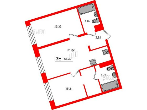 Апартаменты в ЖК 17/33 Петровский Остров, 2 комнатные, 67.3 м², 6 этаж