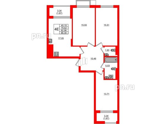 Квартира в ЖК «АЭРО», 3 комнатная, 82.96 м², 7 этаж