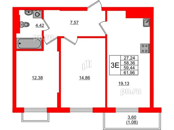 Квартира в ЖК «АЭРО», 2 комнатная, 59.44 м², 7 этаж