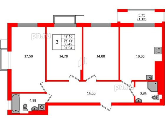 Квартира в ЖК «АЭРО», 3 комнатная, 88.42 м², 2 этаж