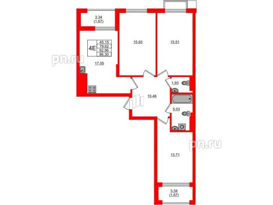 Квартира в ЖК «АЭРО», 3 комнатная, 82.96 м², 3 этаж