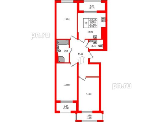 Квартира в ЖК «АЭРО», 3 комнатная, 87.48 м², 1 этаж