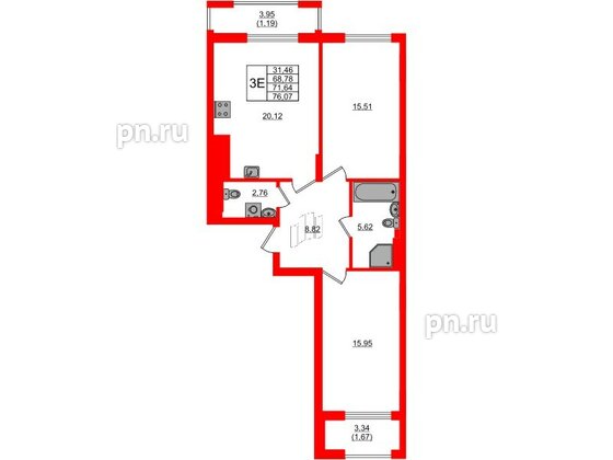 Квартира в ЖК «АЭРО», 2 комнатная, 71.64 м², 1 этаж