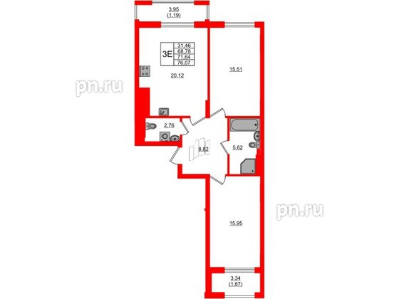 Квартира в ЖК «АЭРО», 2 комнатная, 71.64 м², 3 этаж